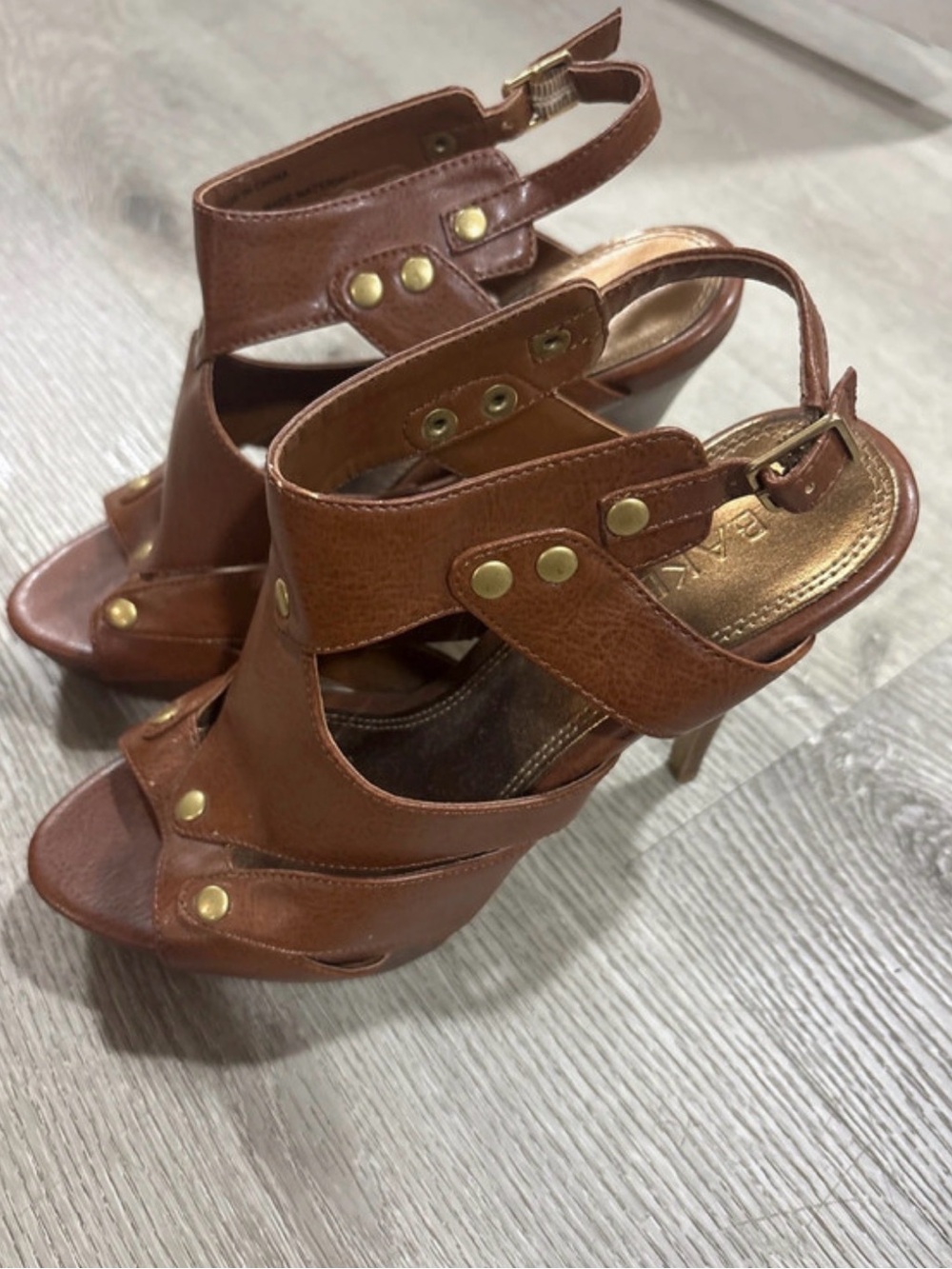 Bakers Brown Leather Ankle-Strap High Heel Sandals with Gold Studs